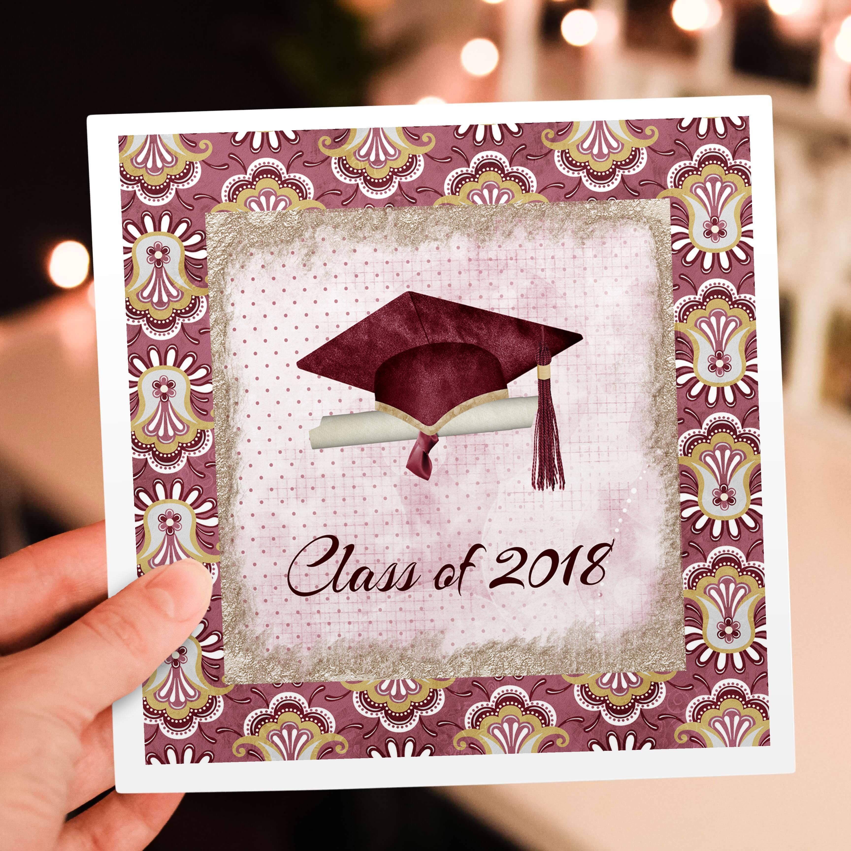 3dRose – wholesale Everyday greeting card – 3dRose, Graduation Cap, Diploma, Faded Dots, Pink Frame, Flower, 2018, Red, Greeting Card5