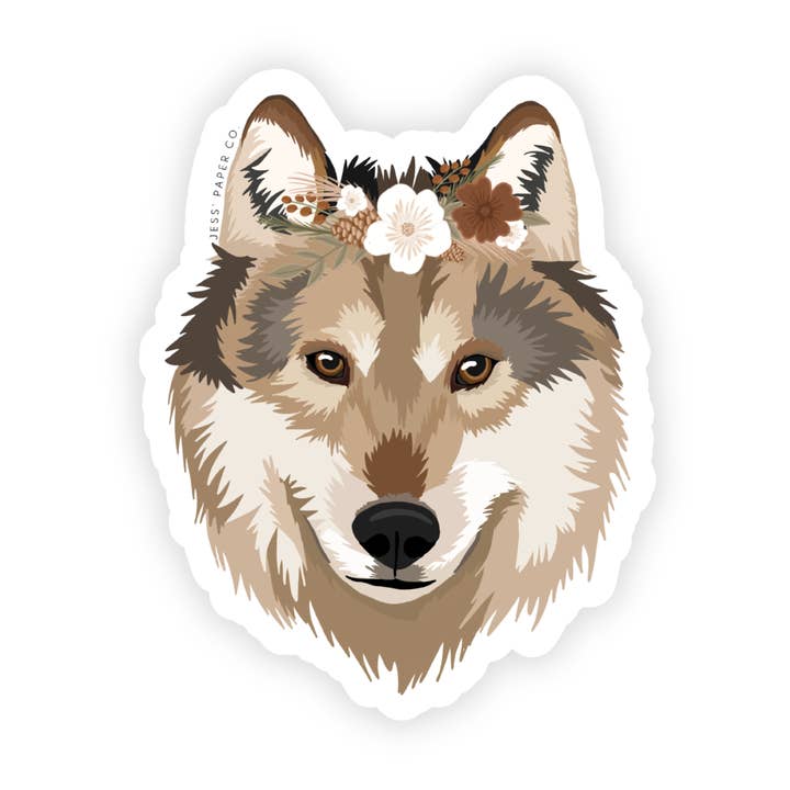 Wolf in Floral Crown Sticker for wholesale by Jess' Paper Co.