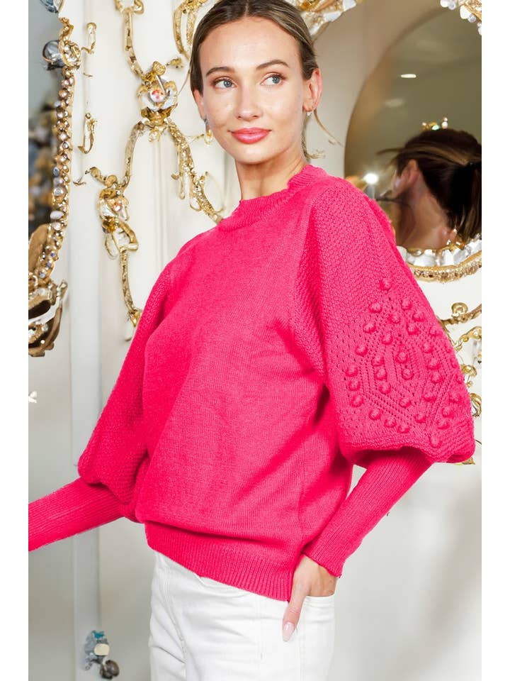Vine & Love - Wholesale Knit Sweater - Women's - Round Neck Pom Pom Balloon Long-Sleeve Knit Sweater VT70344