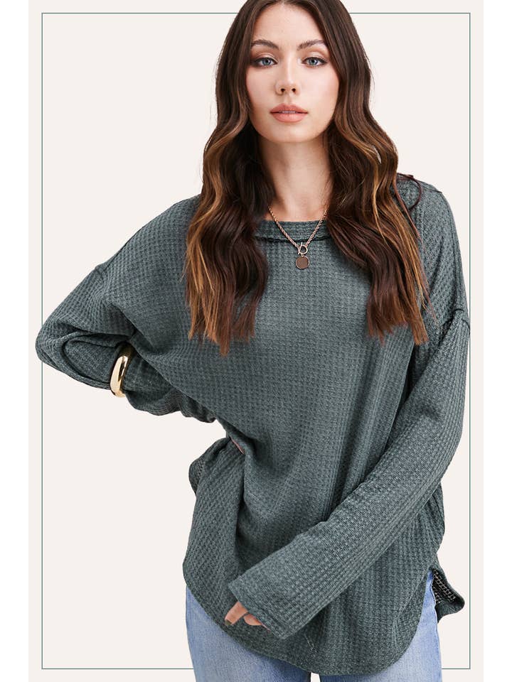 La Miel - Wholesale Tunic - Women's - HAT7566-Brushed Waffle Fabric Loose Fit Long Sleeve Top15