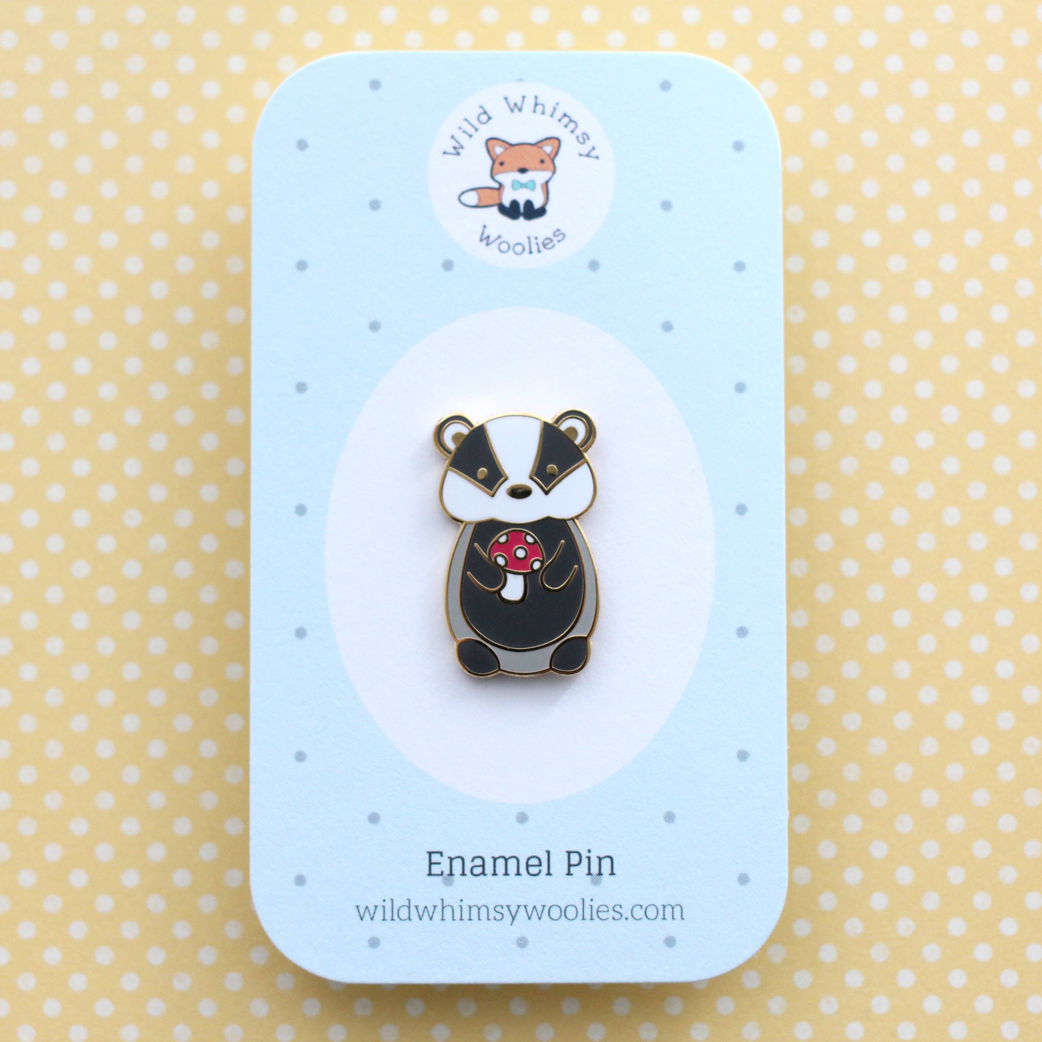 Wild Whimsy Woolies - Wholesale Lapel Pin/Button - Badger and Red Mushroom Enamel Pin (Red Mushroom Variant)1