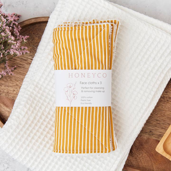 Reusable face cloths - yellow stripe - eco friendly beauty for wholesale by honeyco