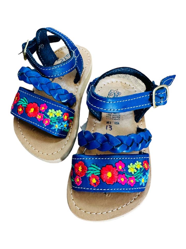 Cielito Lindo - Wholesale Sandals - Kids - Mexican Girl Royal Blue Flower Leather Sandals1