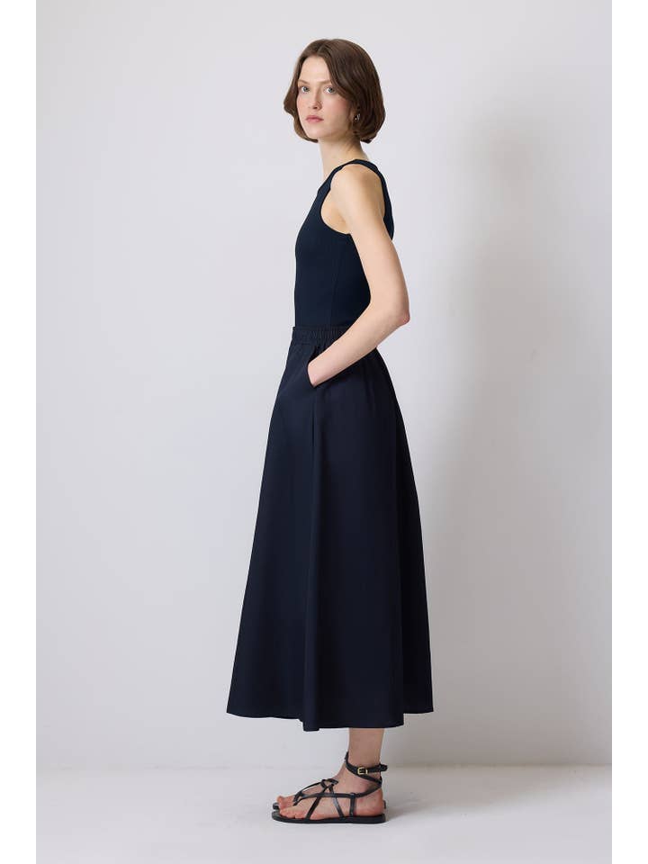 Navy Blue HIGH-WAISTED A-LINE MAXI SKIRT - ELASTIC WAIST, COTTON BLEND for wholesale on Faire