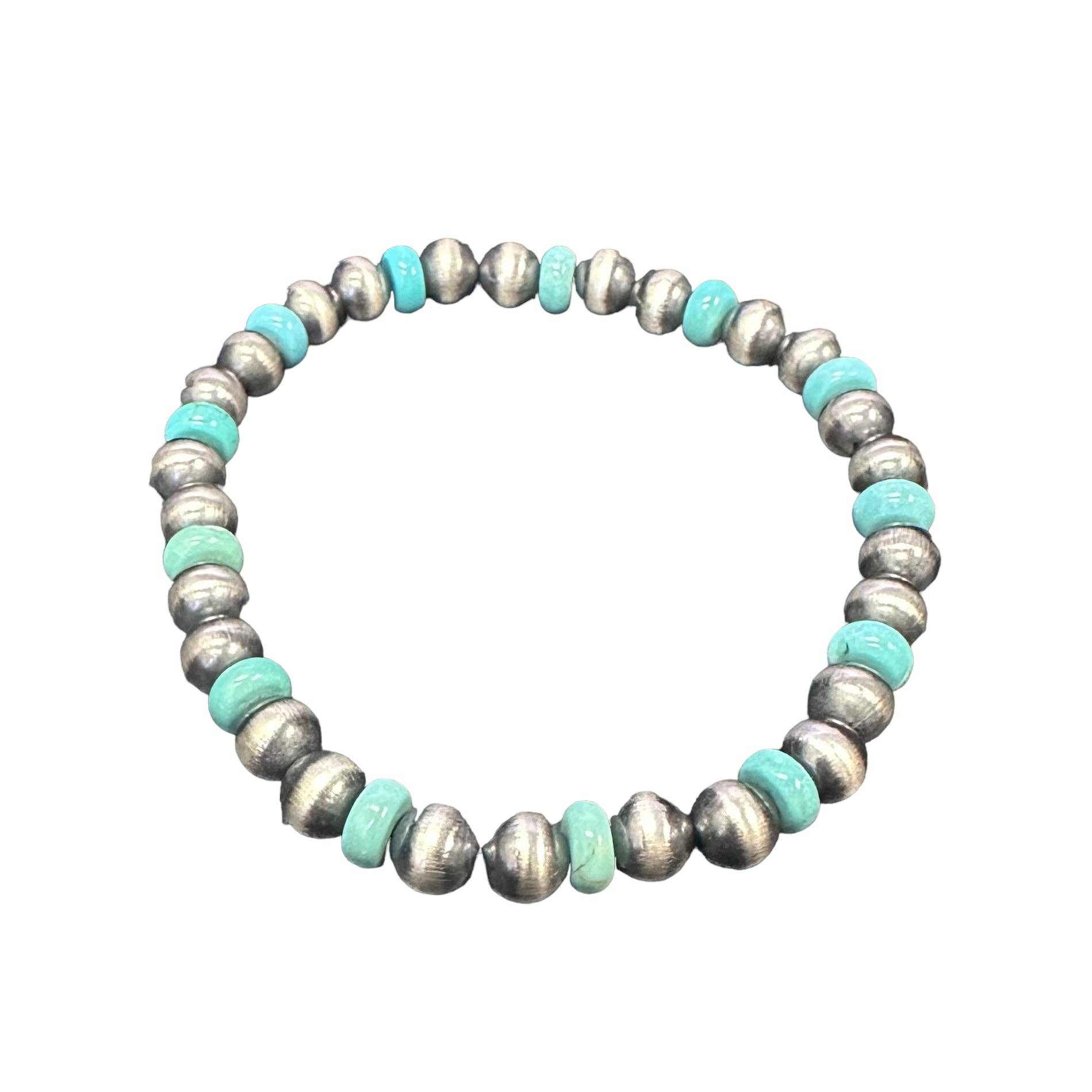 Select Lines - Wholesale Beaded Bracelet - Turquoise Navajo Pearl 6mm Oxidize Bead Stretch Bracelet Sterling Silver1