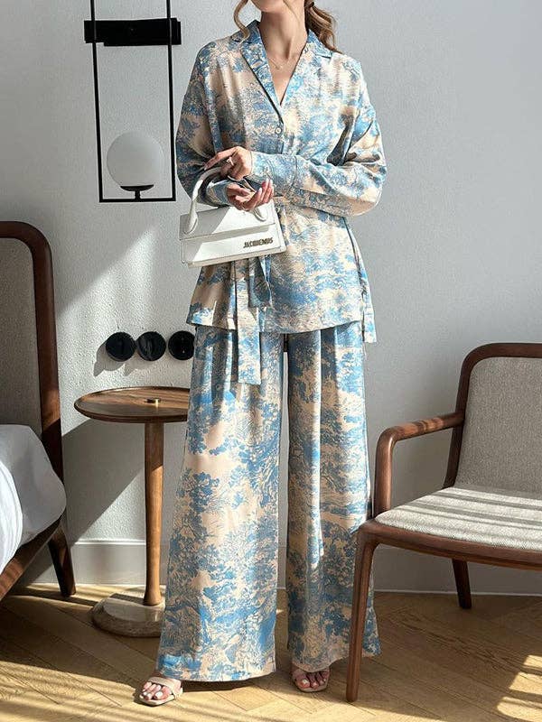 BLUE Long Sleeves Buttoned Printed Tied Waist Notched Collar Shirts Top + High Waisted Pants Bottom Two Pieces Set for wholesale on Faire3