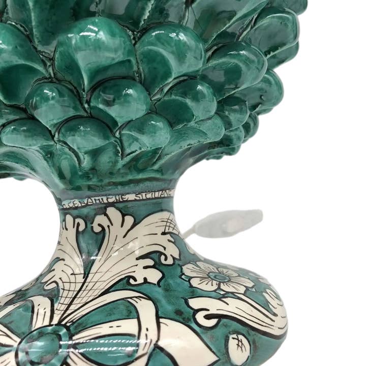 DD Ceramiche Siciliane - Vendita all'ingrosso Lampada da scrivania/d'accento - Lampada Pigna Ceramica Caltagirone cm H.30 Artigianale Verde Cristallo Base Decorata