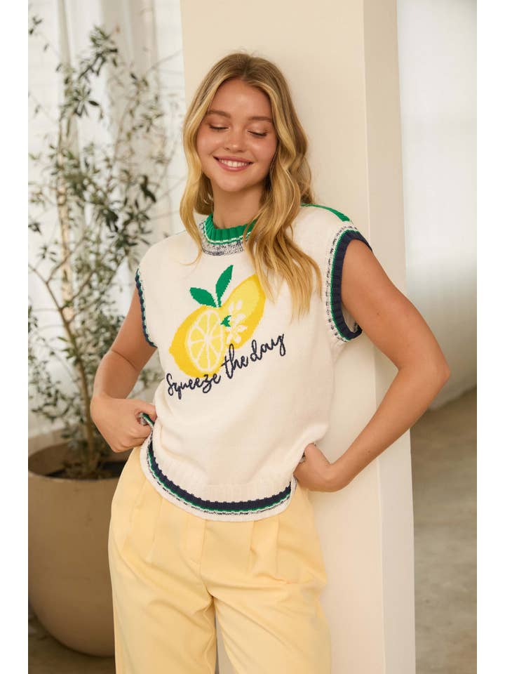 White Yellow Contrast Detail Lemon Graphic Sweater for wholesale on Faire