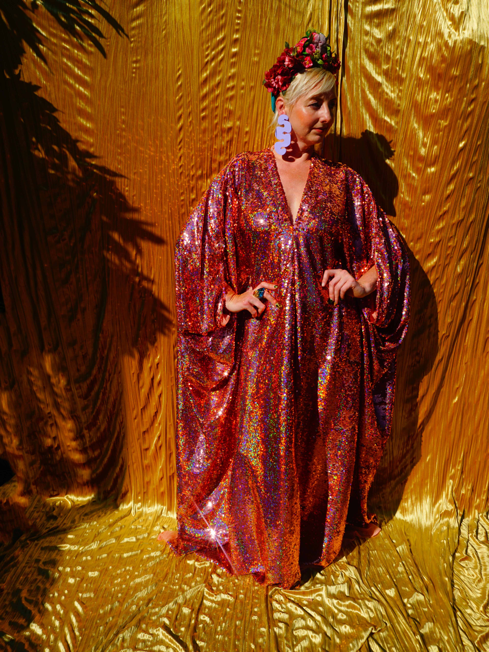 Fumbalinas – wholesale Kaftan – Women's – Rose Gold Holographic Sequin V-neck Kaftan Gown7