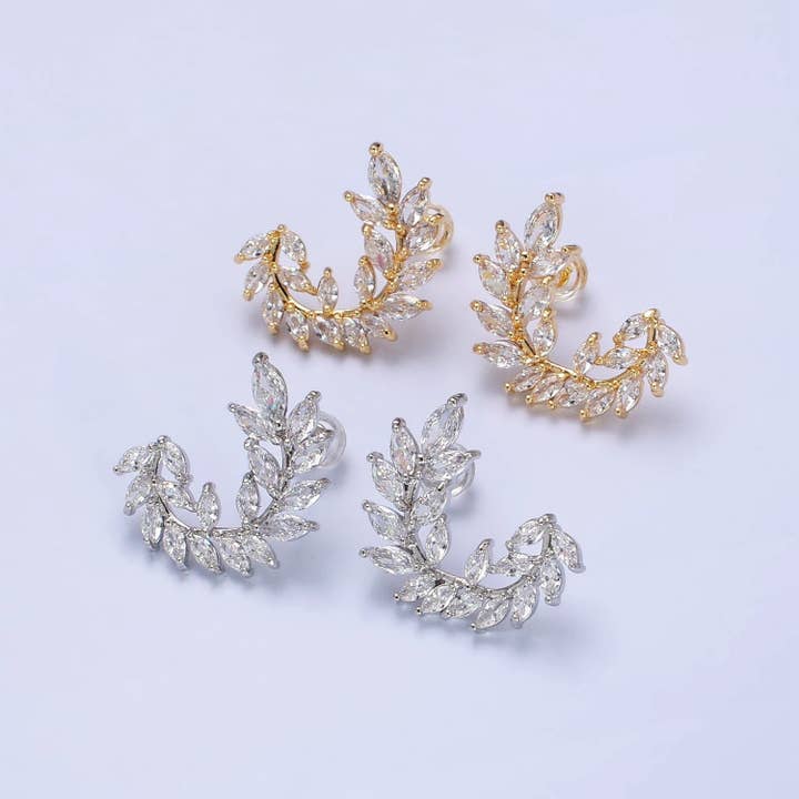Aim Eternal - Wholesale Stud/Post Earrings - 24K Gold Filled Leaf Clear Marquise Circular Curved Line Stud Earrings in Silver & Gold | AB381 AB454