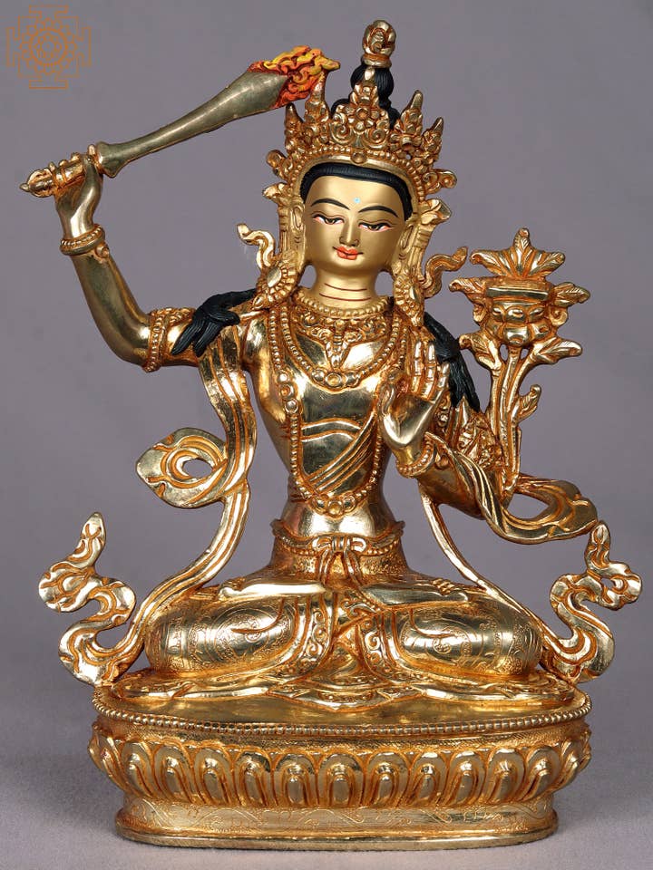 Estatua de cobre de Manjushri de 9 pulgadas | Figuras de deidades budistas para venta al por mayor de Exotic India Art