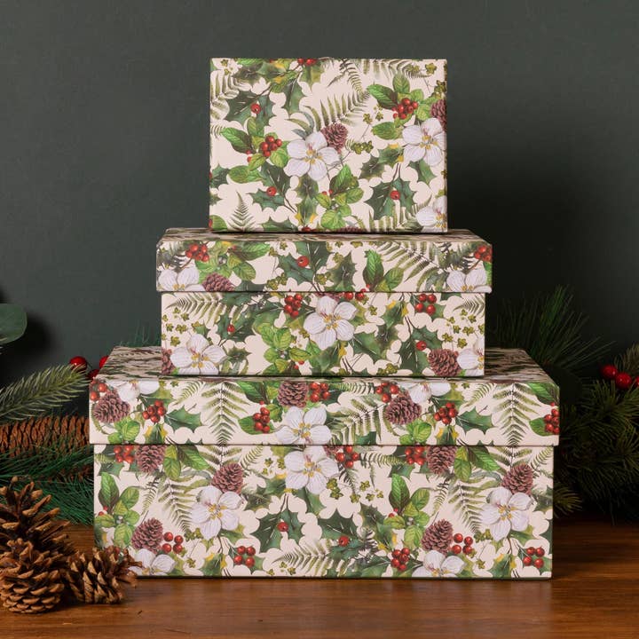 Penny Kennedy Ltd – wholesale Gift box – Christmas Gift Box Set of 3 Holly Berries Floral Green Tags0