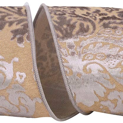 RELIANT RIBBON - Wholesale Ribbon - Gift Wrapping - Melanie's Damask Dupioni Backed Wired Edge, Taupe, 4 In