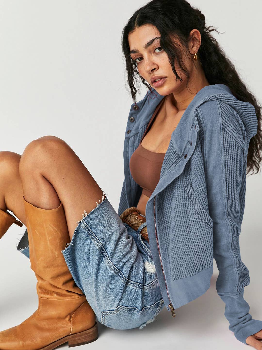 HIDDENBRAND - Wholesale Hoodie - Women's - Full zip waffle cropped hoodie in Brown11