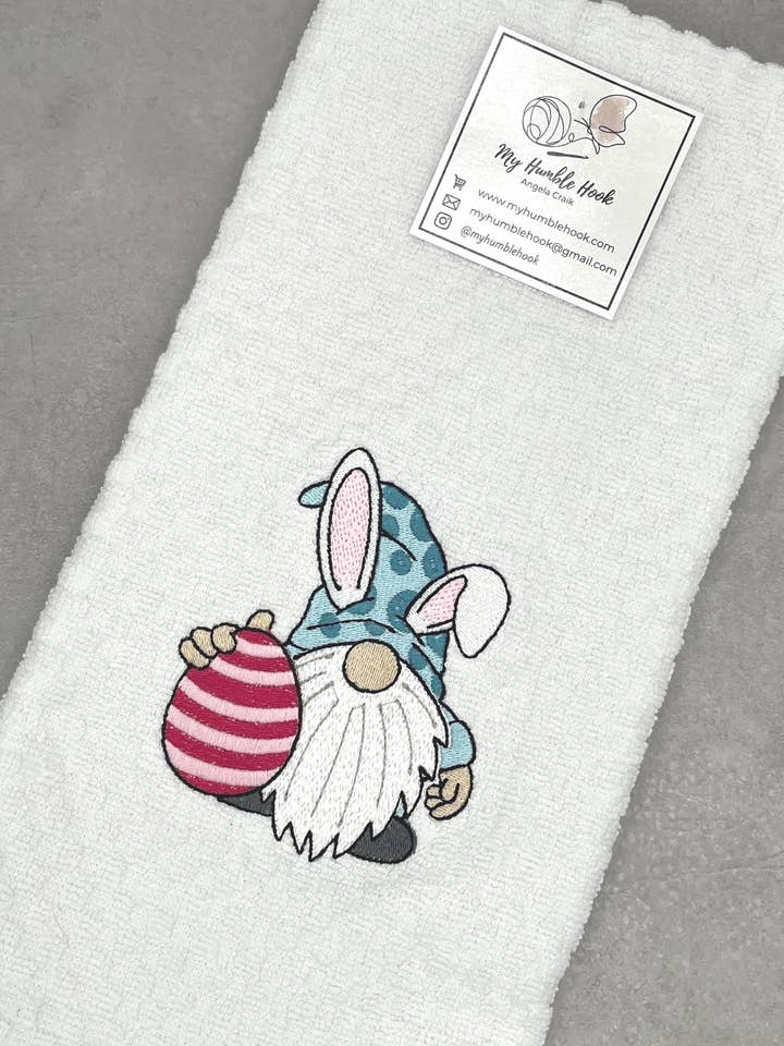 Easter Bunny and Egg Gnome Kitchen Towel for wholesale by My Humble Hook
