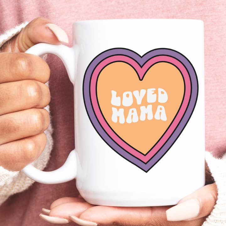 15 oz Loved Mama Retro Heart Ceramic Coffee Mug, Valentines for wholesale by Amber Marie Design