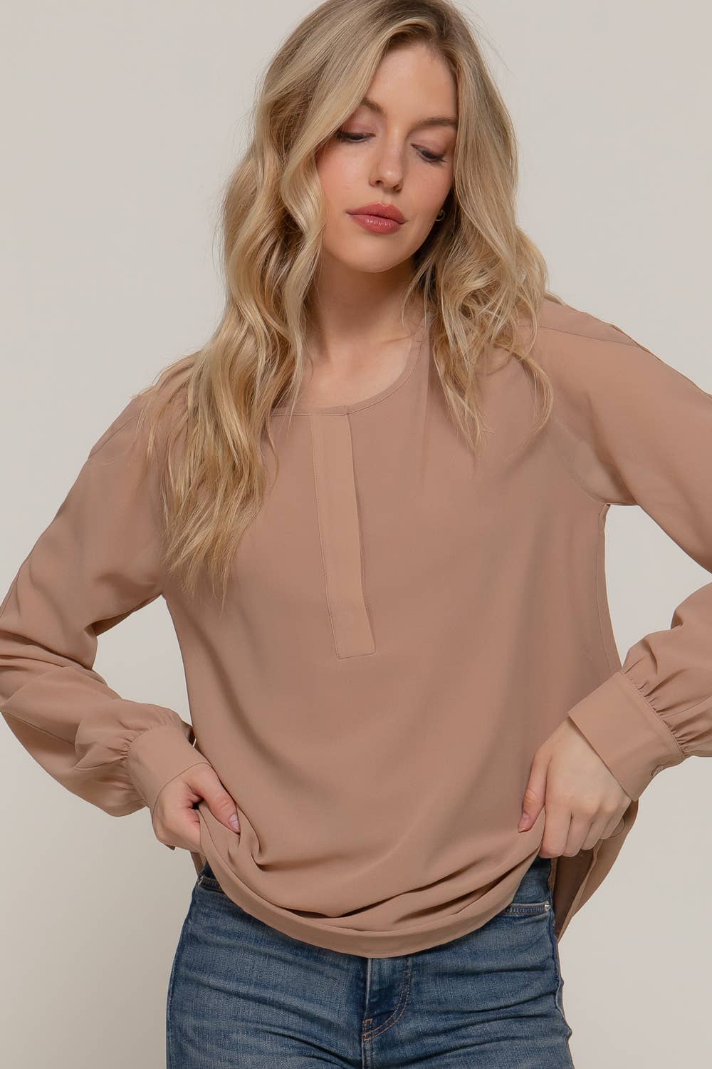 Active Basic | Active USA - Wholesale Blouse - Women's - Long Sleeve Round Neck with Hidden Placket Chiffon Blouse11