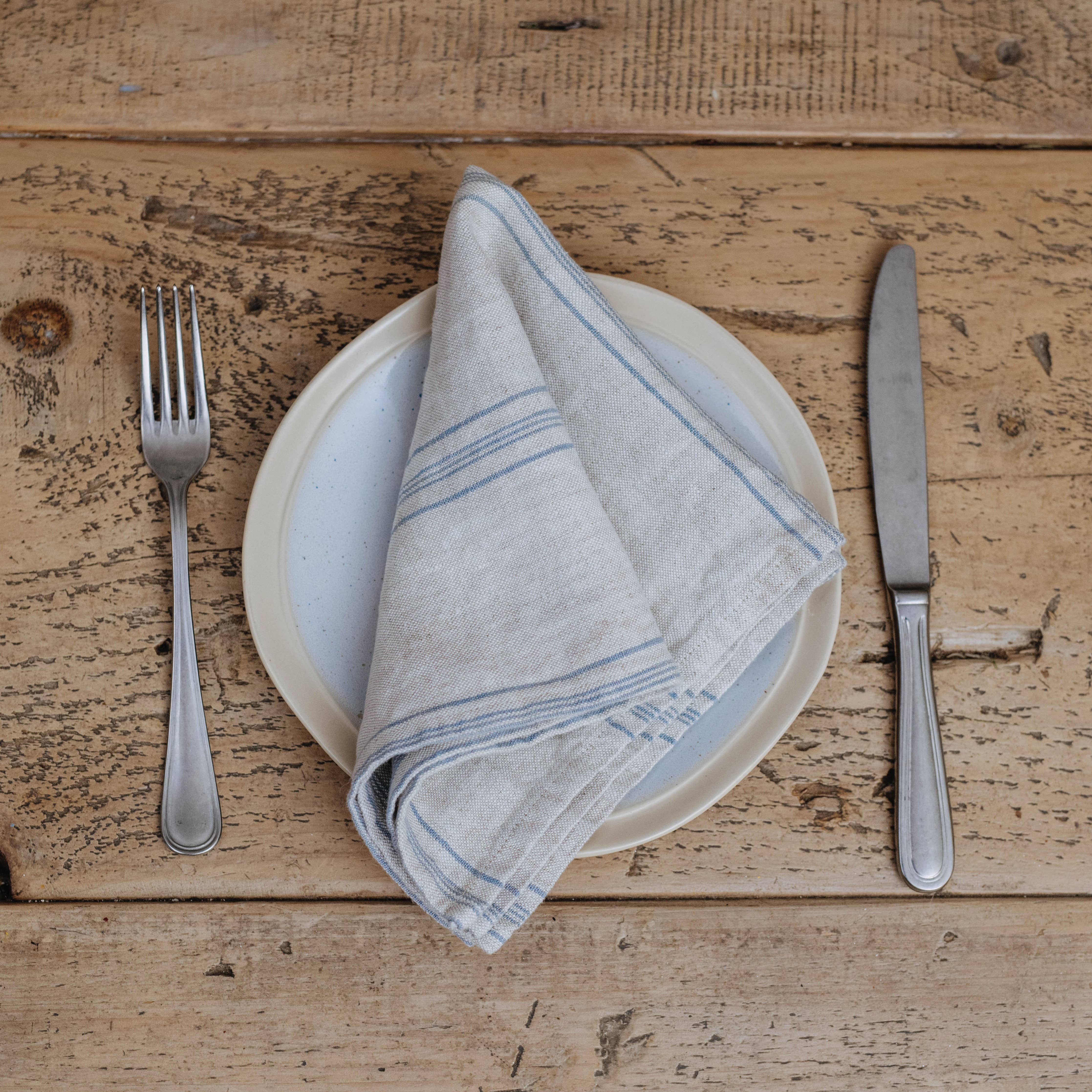 Linen Tales (We cover U.S. import duties) - Wholesale Dinner & Cloth Napkin - Grey Blue Wide Stripe Rustic Linen Napkins Set of 22