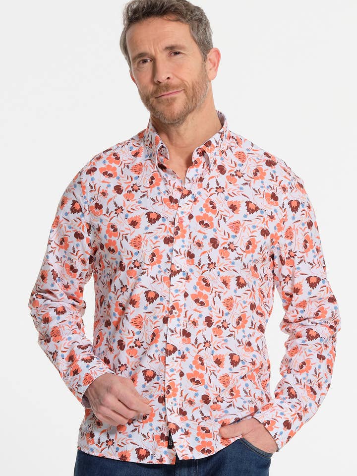 Herrskjorta i vitt med röda blommor från J&JOY för wholesale av J&JOY