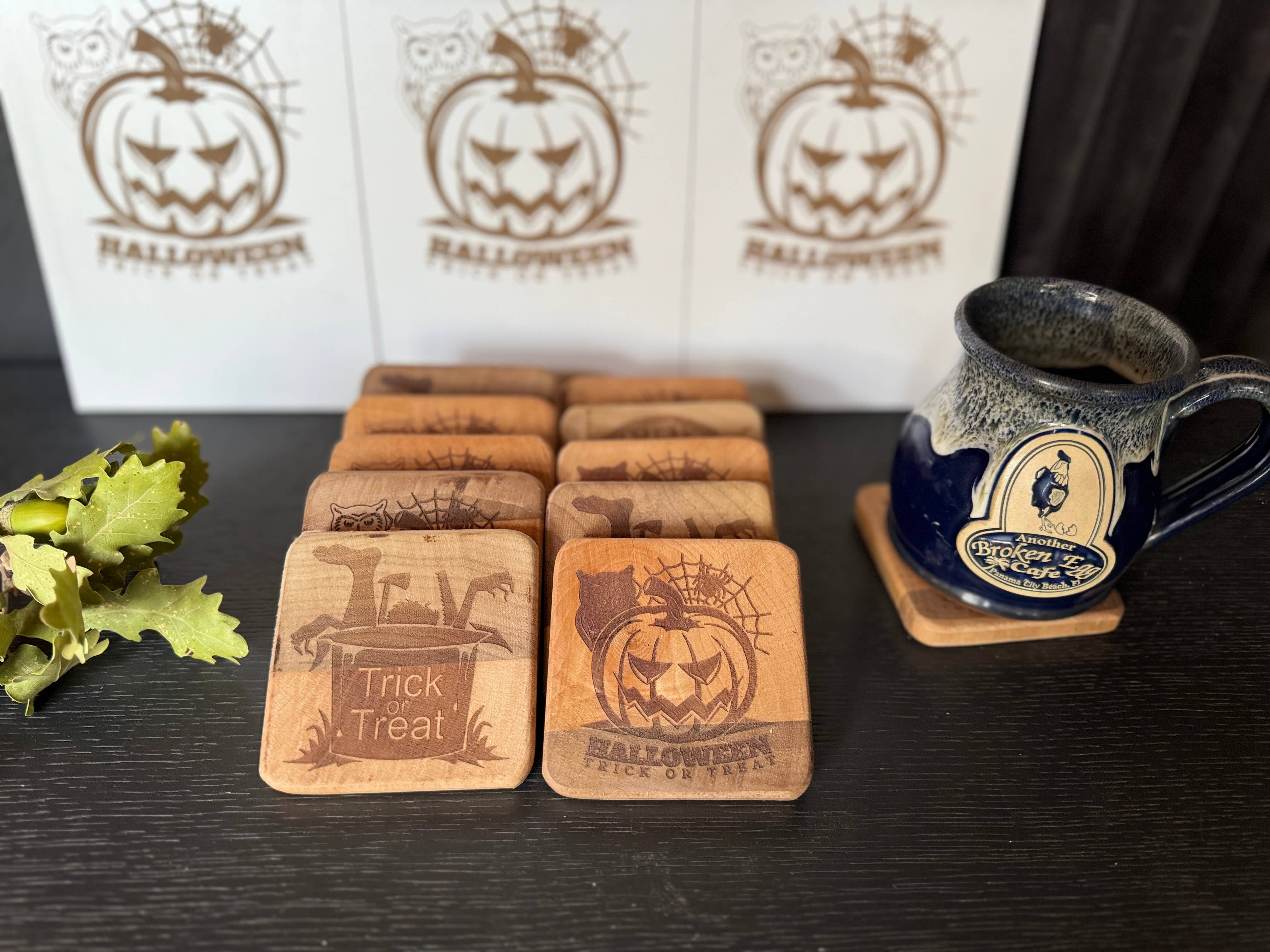 WoodCraftHaven - Vente Sous-verre - Sous-verres en bois pour Halloween 3,2 po L 0,3 po H