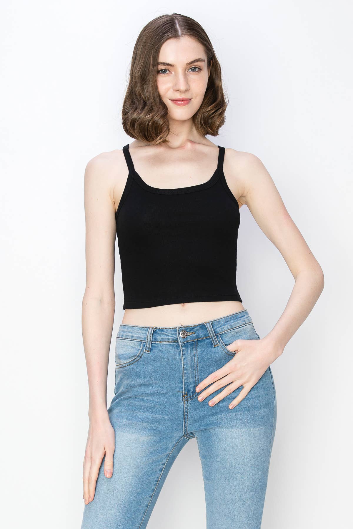 Color 5 - Vente Débardeur – femme - Débardeur spaghetti court en coton côtelé et élasthanne de couleur unie8