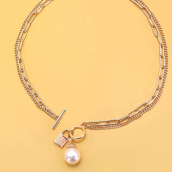 Gold PEARL LOCK CHARM DOUBLE LAYER TOGGLE NECKLACE | 31N24104NECK for wholesale on Faire