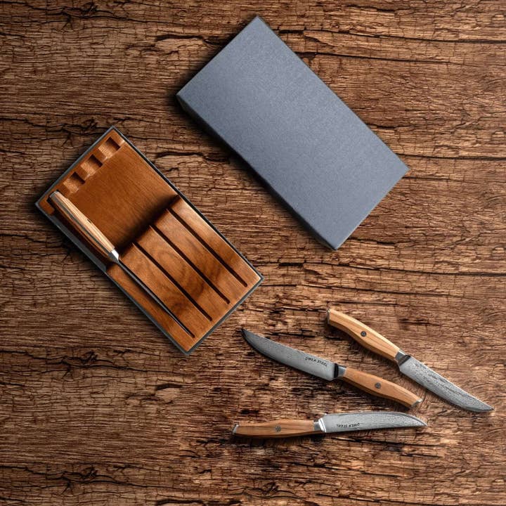 Ginza Steel - Wholesale Knife Set - Ginza Steel AMELIA Five – 4-Piece VG10 Damascus Steel Steak Knife Set with Wood Block1