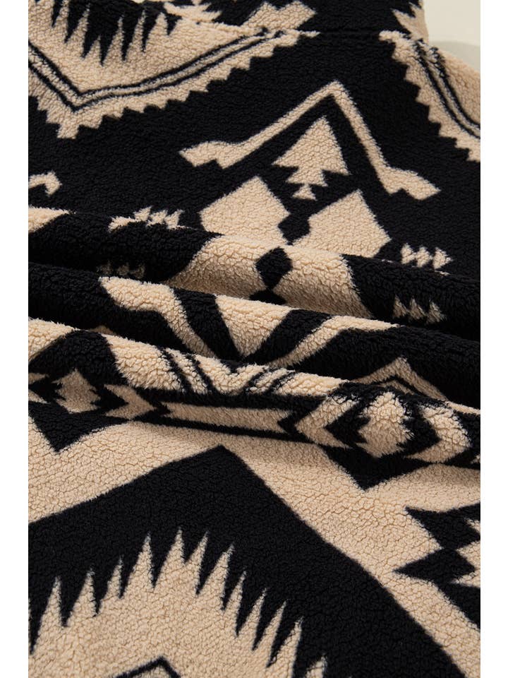 Black Plus Size Western Aztec Fleece Half Button Sweatshirt for wholesale on Faire8