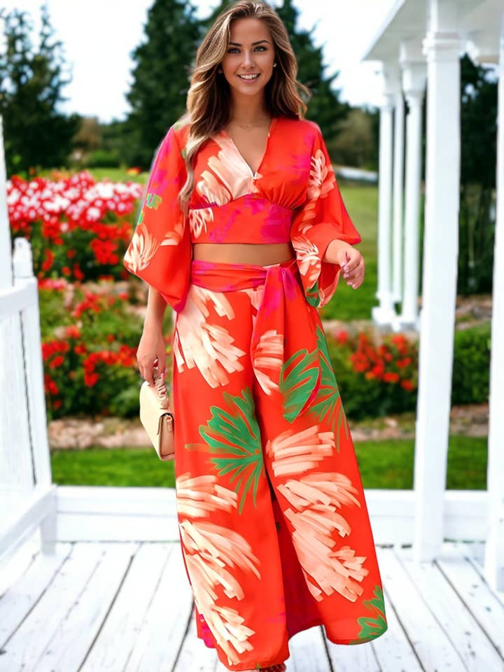 Anna Kaci Wholesale - Wholesale Top & Pant Set (NOT Loungewear) - Women's - Tropical Floral Summer Coordinates