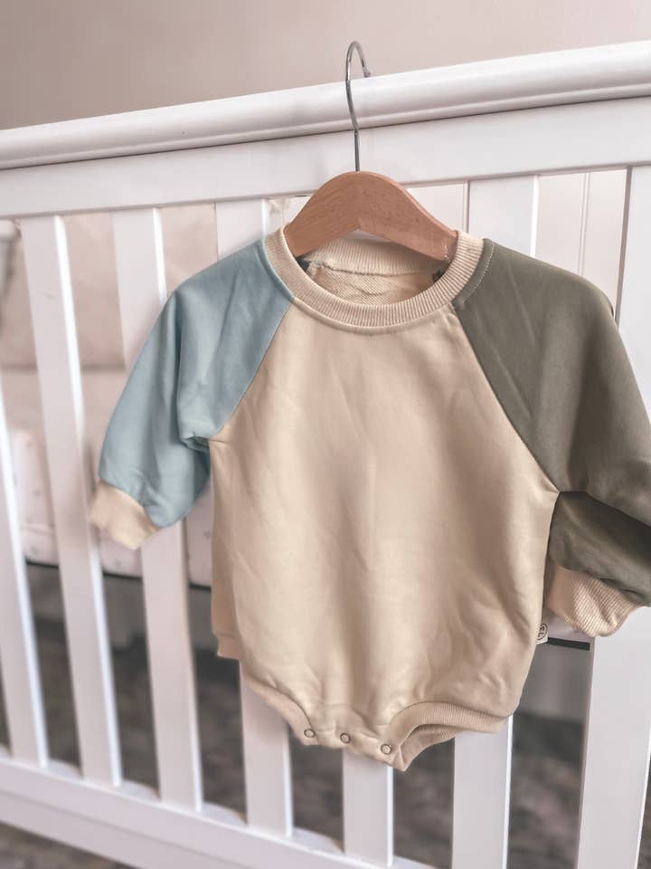 Baby Boy Bubble Romper, Raglan Sweatshirt Romper Bodysuit for wholesale by Ginger And Thread