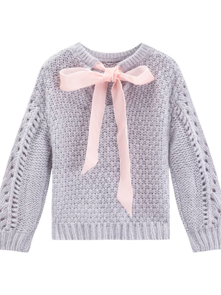 iMiN Kids - Wholesale Knit Sweater - Kids - Wool-Blend Sweater with Bow Back Violet Grey