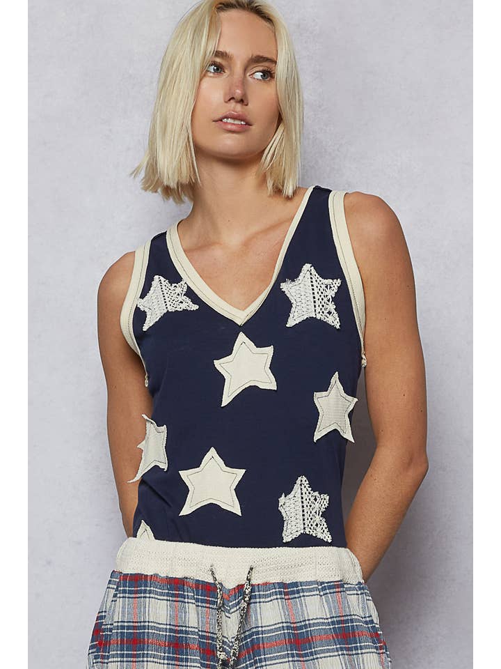 Pol Clothing - Wholesale Tank Top - Women's - V-neck sleeveless front star patches solid basic top SALE