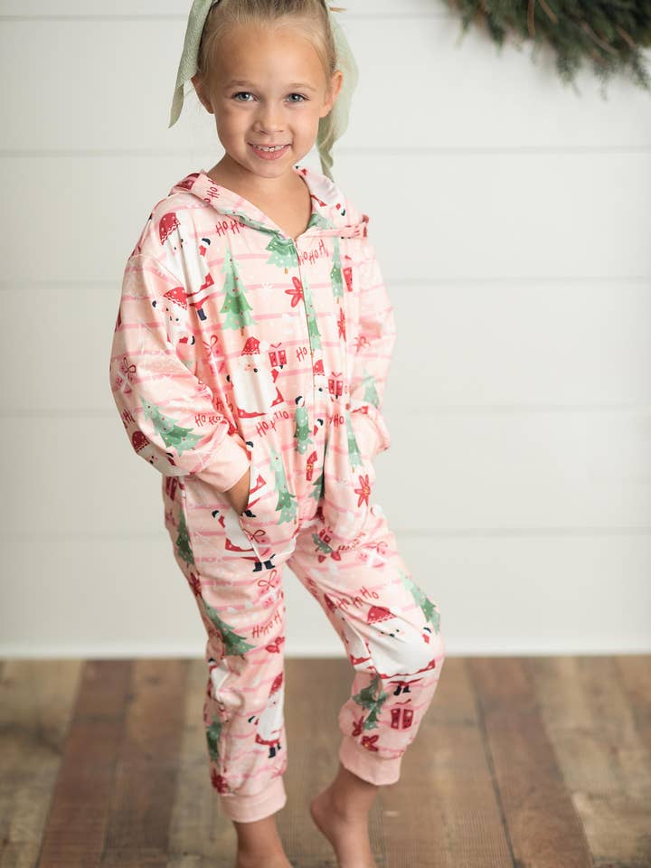 Adorable Sweetness - Wholesale Onesie - Kids - Kids Pink Santa Lounge Zip Hoodie Onesie with Critter Ears