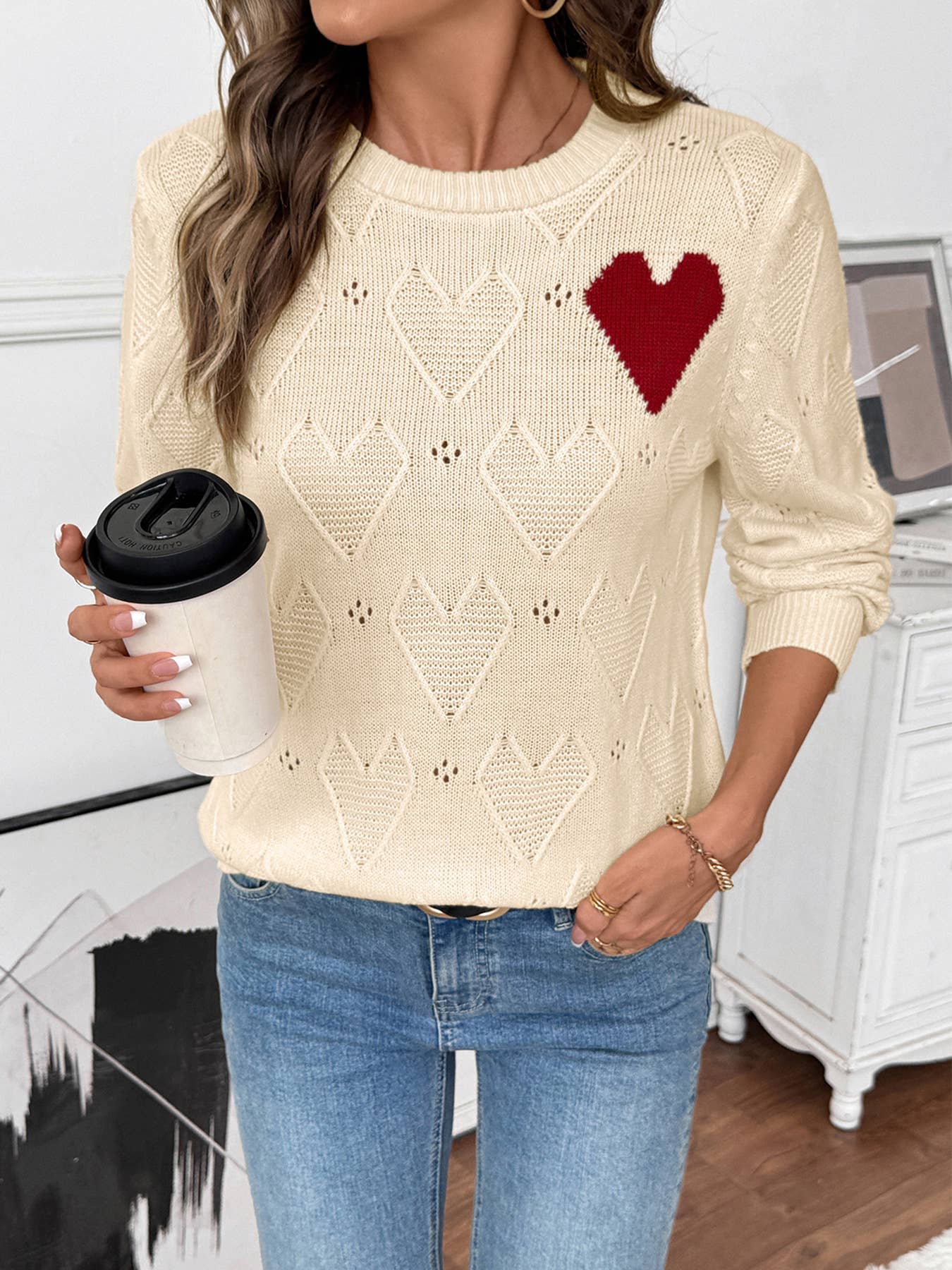 Beige Knit Sweater with Heart Pattern and Contrast Heart Patch for wholesale on Faire2