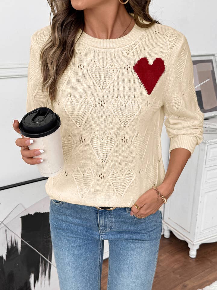 Beige Knit Sweater with Heart Pattern and Contrast Heart Patch for wholesale on Faire2
