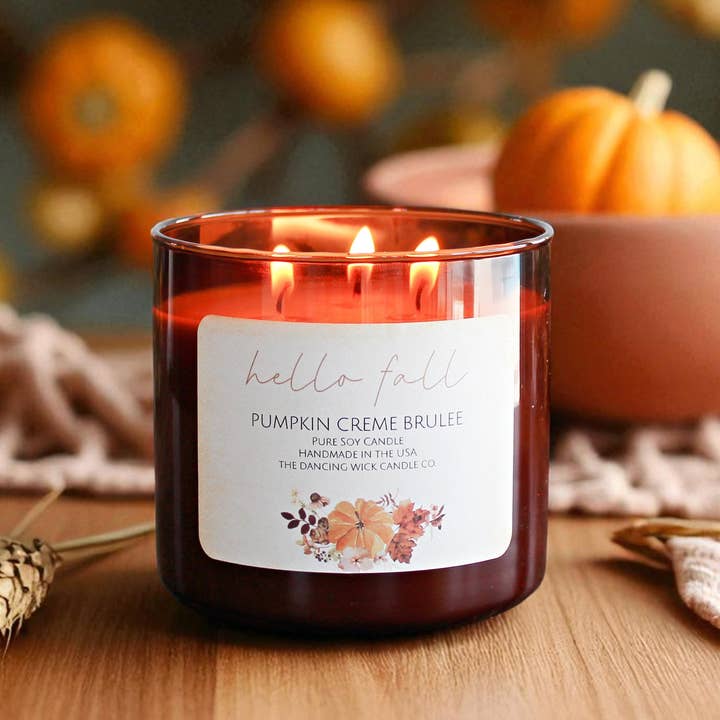 3 Wick "Hello, Fall" Amber Gift Candle - Strong Scent Throw for wholesale by THE DANCING WICK CANDLES