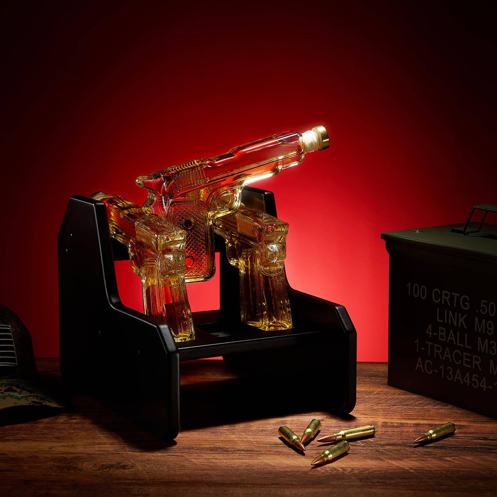 The Wine Savant /  Khen Glassware - Wholesale Decanter - Whiskey Decanter Set, 3 Pistol Gun & Wooden Stand, 7.7oz6