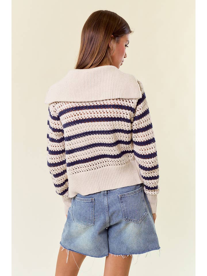 HAFER Gestreifte Pointelle-Pulloverjacke mit Reißverschluss und offener Strickjacke - 10615J-1 für den Großhandel auf Faire4