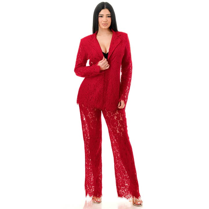 DORCAS - Wholesale Set met top en broek (GEEN Loungewear) - Dames - Lange Mouw Kant Blazer en Kant Broek Pak Set9