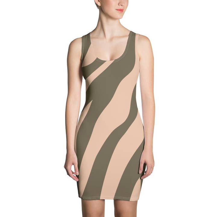 Lara - Vestido vegano sin mangas con estampado de cebra caqui y marrón para venta al por mayor de Izzabel