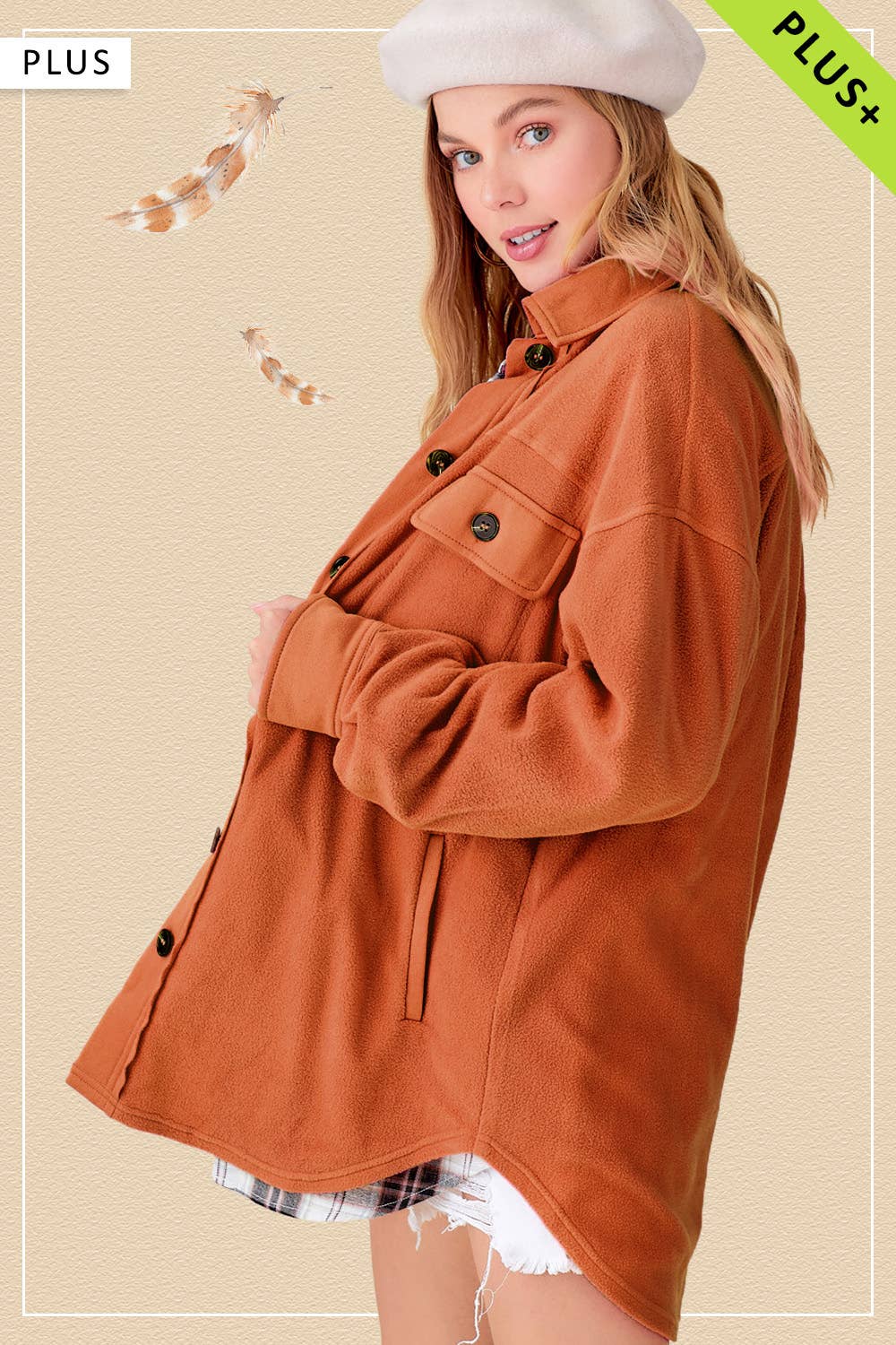 La Miel - Wholesale Shirt Jacket/Shacket - Women's - JKT1712P-Plus Size Loose Fit Button Down Fleece Shacket2