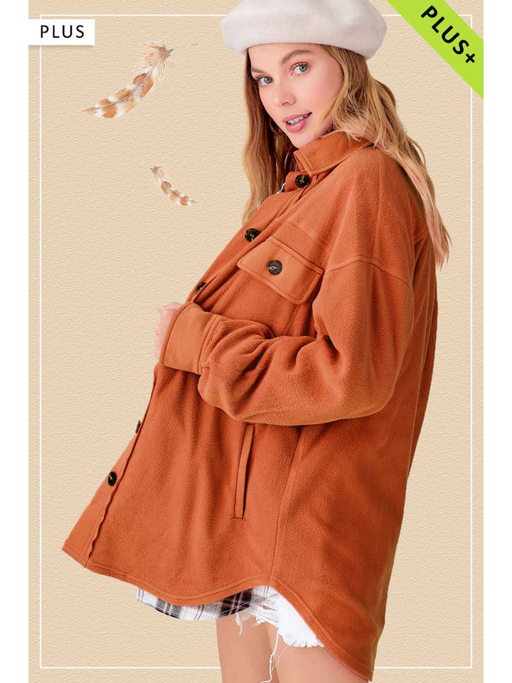 La Miel - Wholesale Shirt Jacket/Shacket - Women's - JKT1712P-Plus Size Loose Fit Button Down Fleece Shacket2