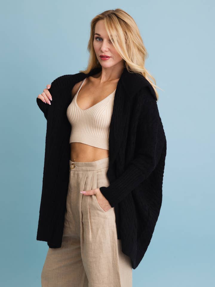 Leto Accessories - Wholesale Cardigan - Women's - Chunky Cable Knit Oversized Poncho Cardigan5