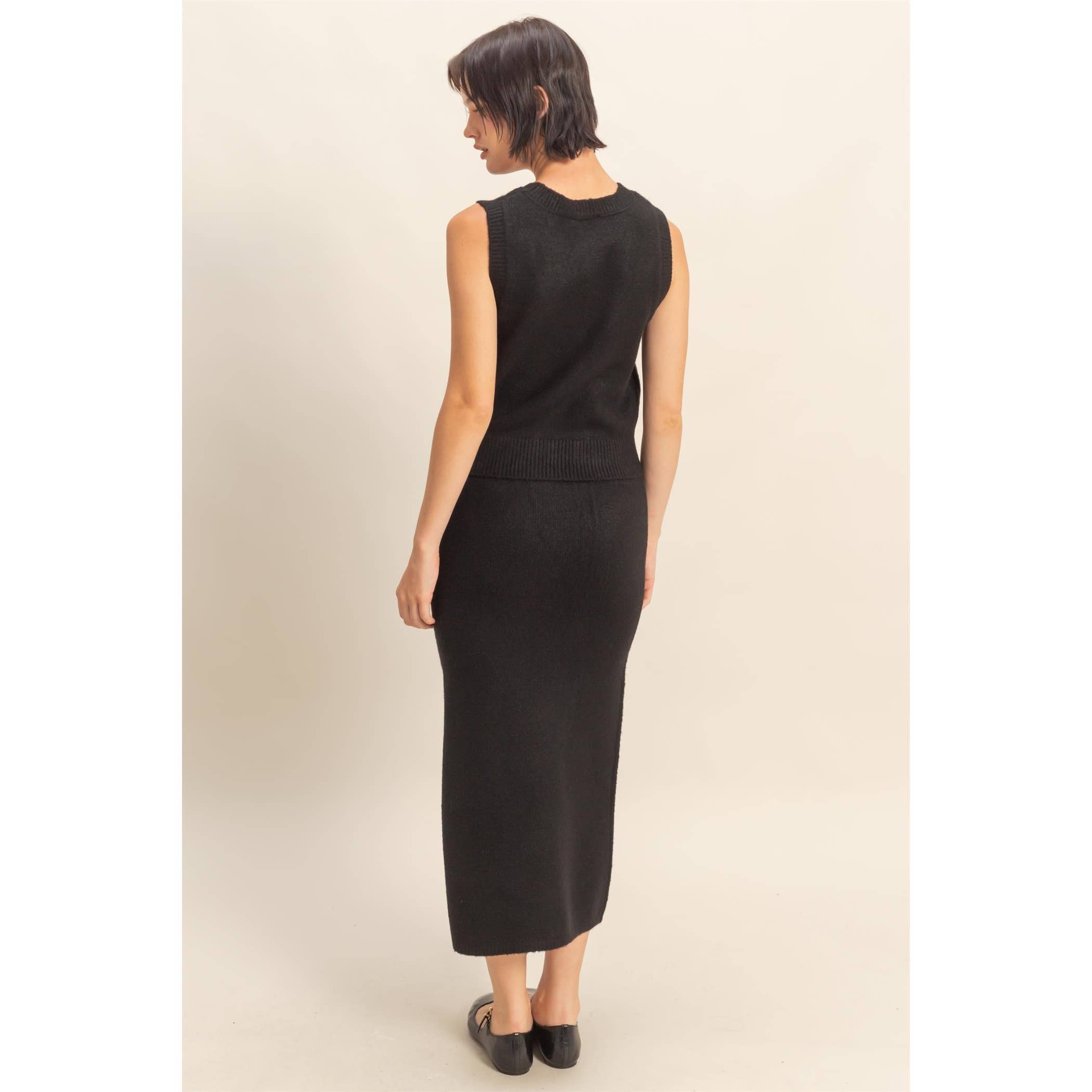 Double Zero - Wholesale Top & Skirt Set - Women's - Button Front Vest & Midi Skirt Knit Set3