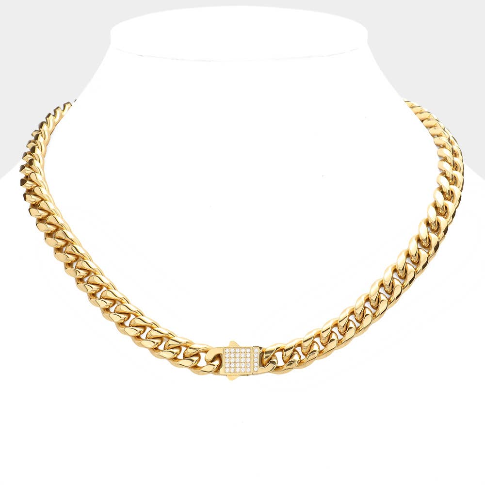 Sensibling Corp. - Wholesale Link & Chain Necklace - Stainless Steel CZ Embellished Metal Chain Link Necklace0