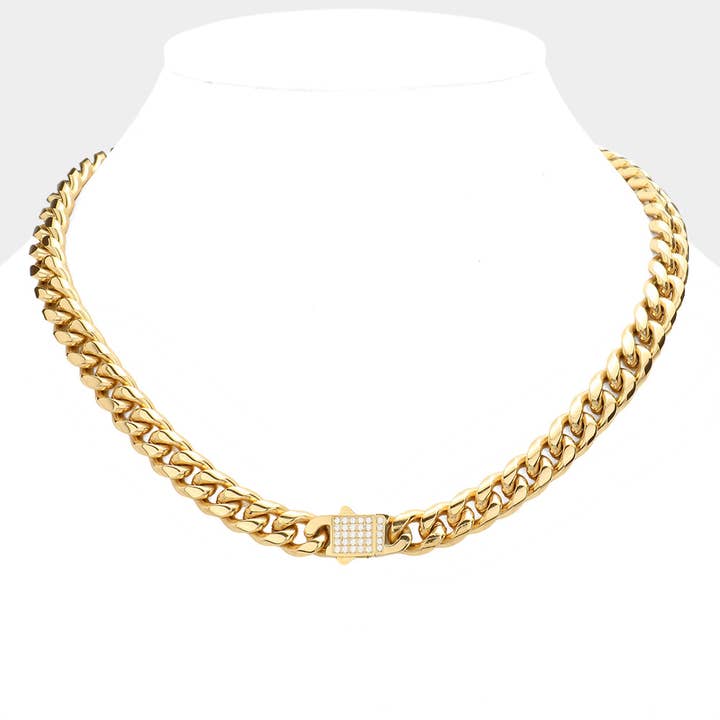 Sensibling Corp. - Wholesale Link & Chain Necklace - Stainless Steel CZ Embellished Metal Chain Link Necklace