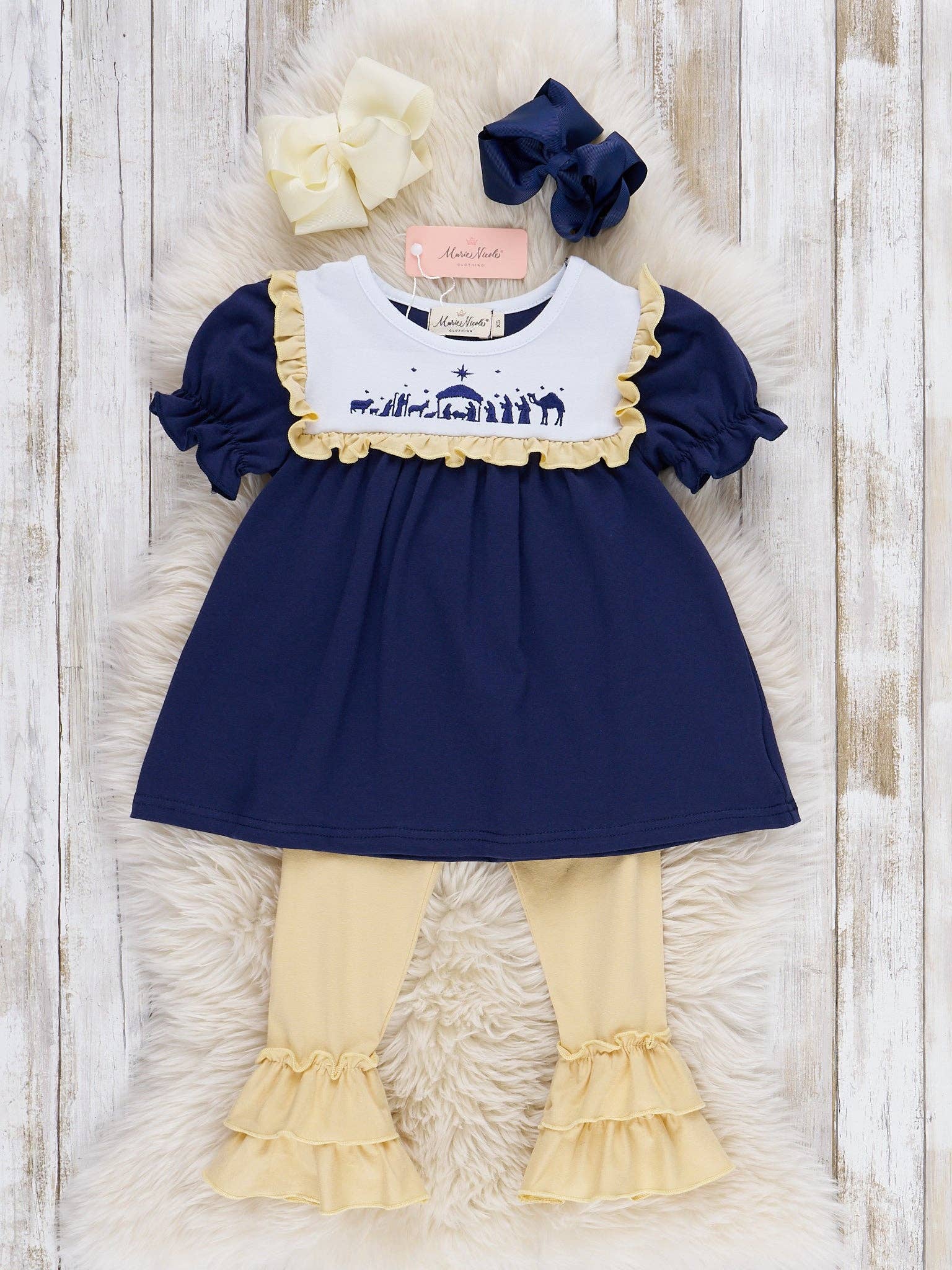 Marie Nicole Clothing - Wholesale Top & Leggings Set - Kids - Nativity Embroidered Ruffle Outfit