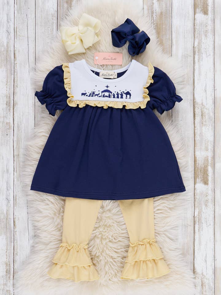 Marie Nicole Clothing - Wholesale Top & Leggings Set - Kids - Nativity Embroidered Ruffle Outfit