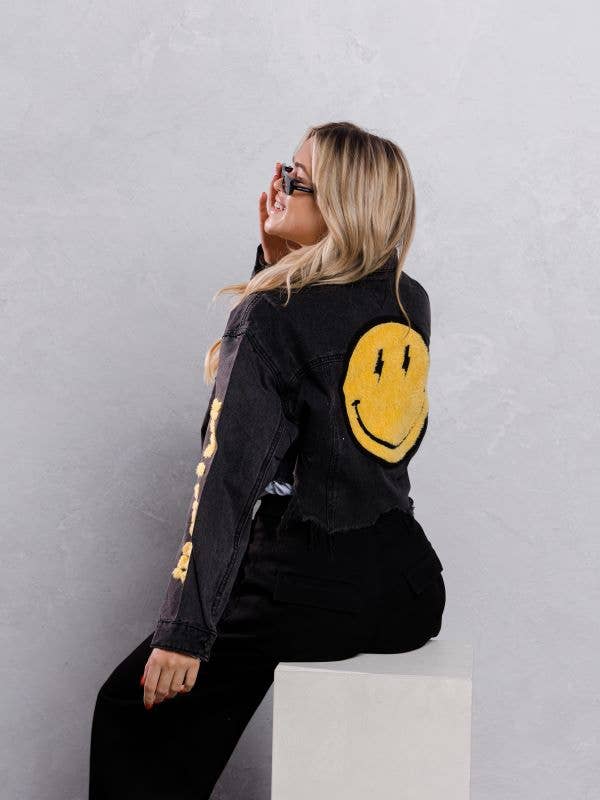 Trio Urban - Vente Veste en jean – femme - Veste courte en jean jaune Smiley Face21