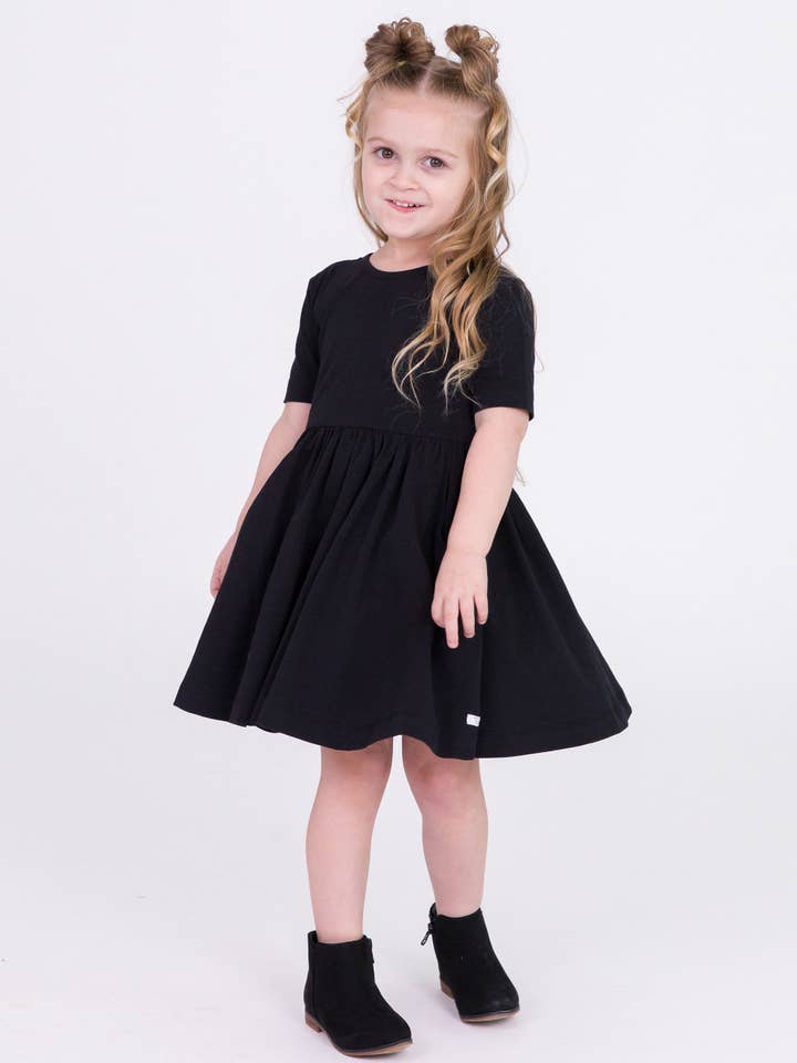 Girls Black Short Sleeve Knit Twirl Dress for wholesale on Faire